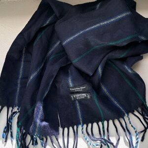 Christian Dior Vintage Dark Blue Plaid Scarf with Fringe